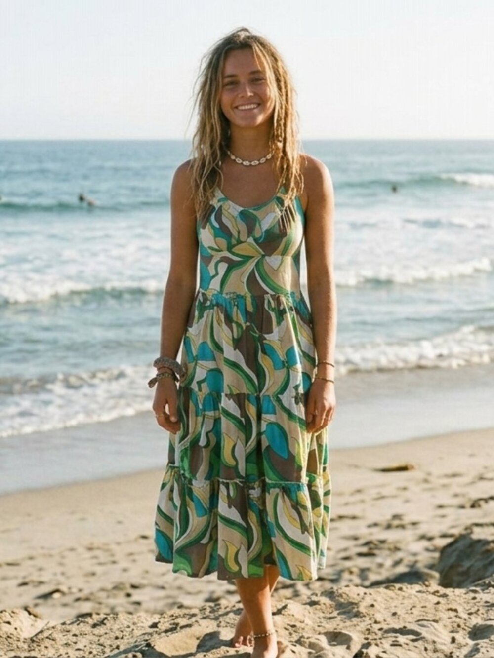 EZEKIEL VTG Halter Tiered Midi Dress Y2K Surfer Skater Beach Multi Abstract L